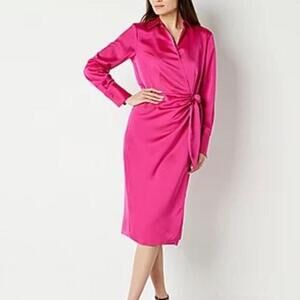 NWT JCP Worthington hot pink wrap midi dress with collar